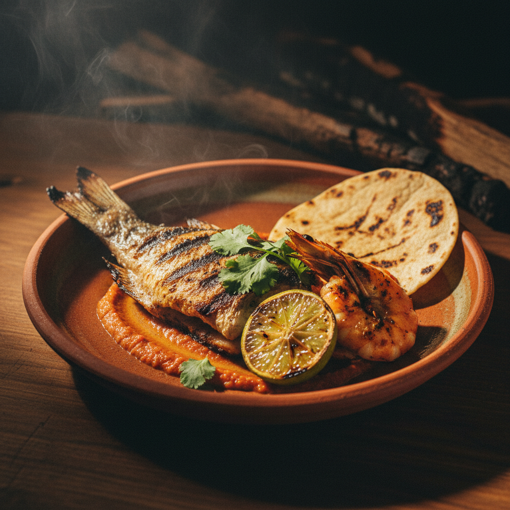 Whole wood-grilled snapper off the dawn grill, charred lime alongside.