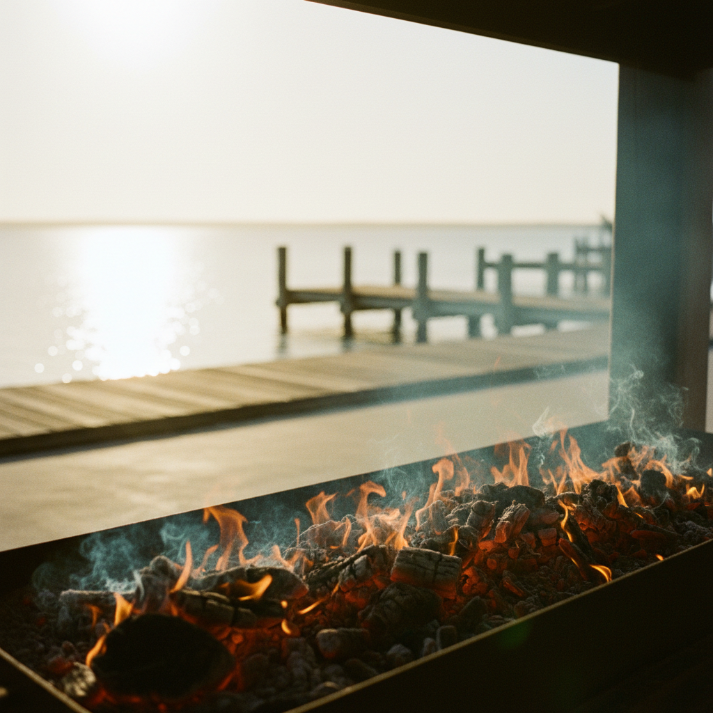 The wood grill at Marisol Cantina, lit at dawn, embers glowing under a low golden first light with the Fremantle dock beyond.
