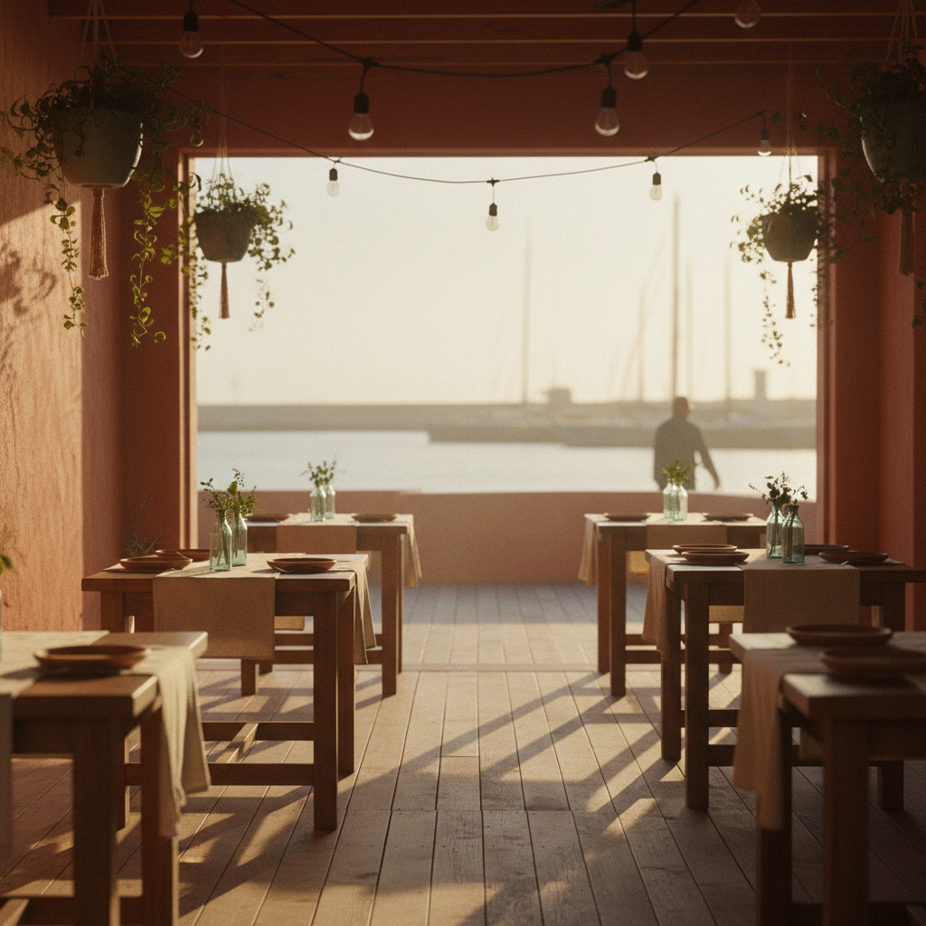 The cantina's terrace set for a long lunch overlooking the Fremantle harbour.