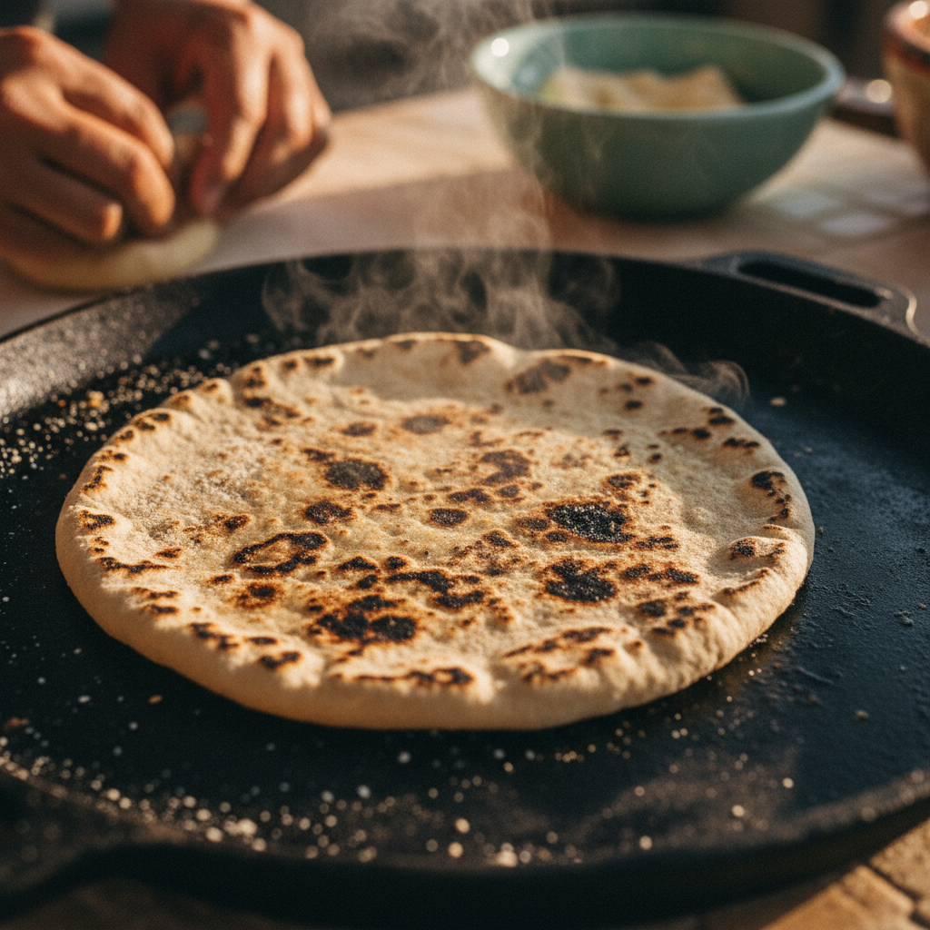 Hand-pressed masa tortillas blistering on the comal at first light.