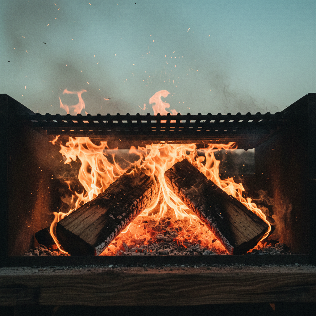 The wood grill at peak fire, split oak collapsing into incandescent coals with smoke and sparks rising.